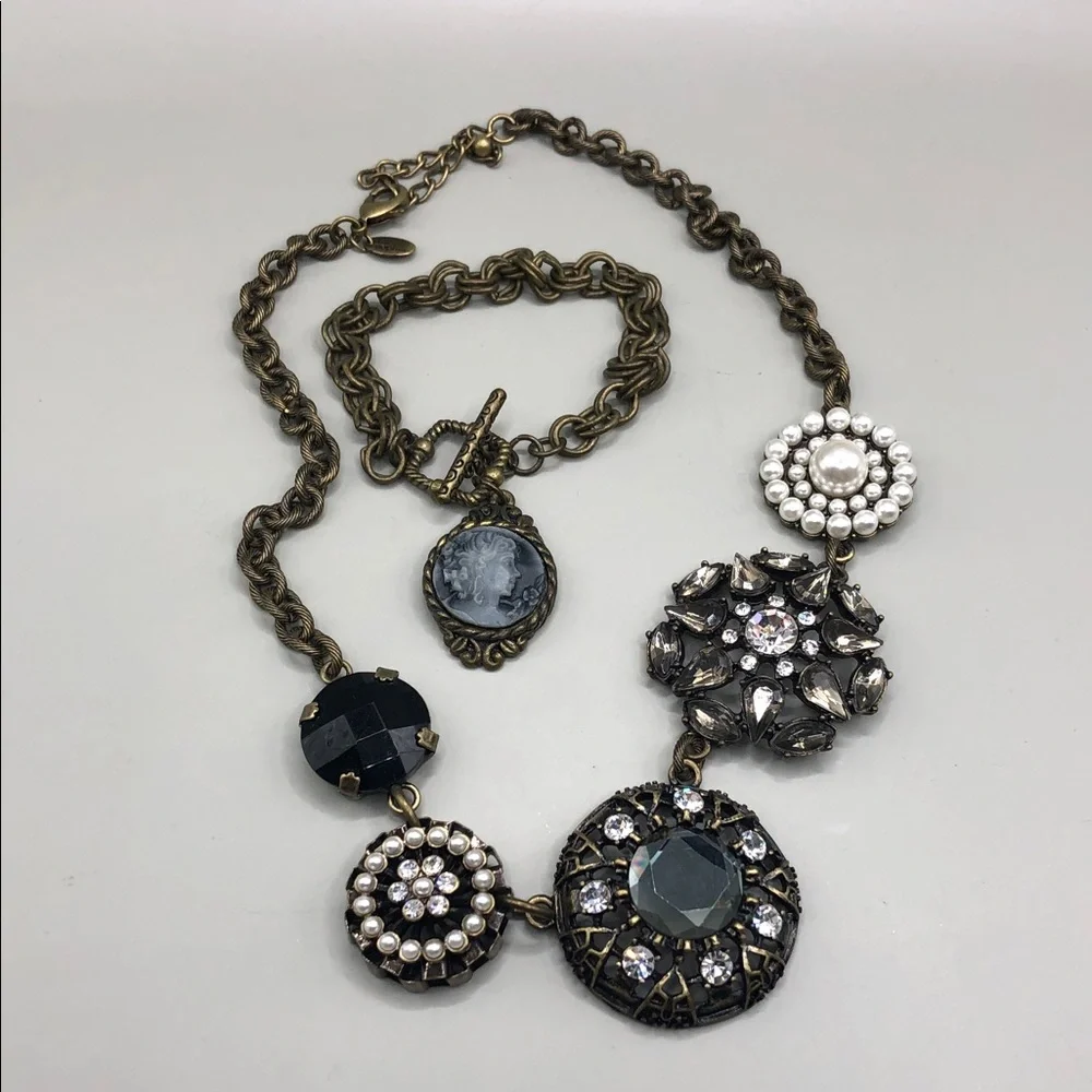 Lia Sophia Curio Chain Necklace + Victorian Style Cameo Bracelet Antiqued Brass.